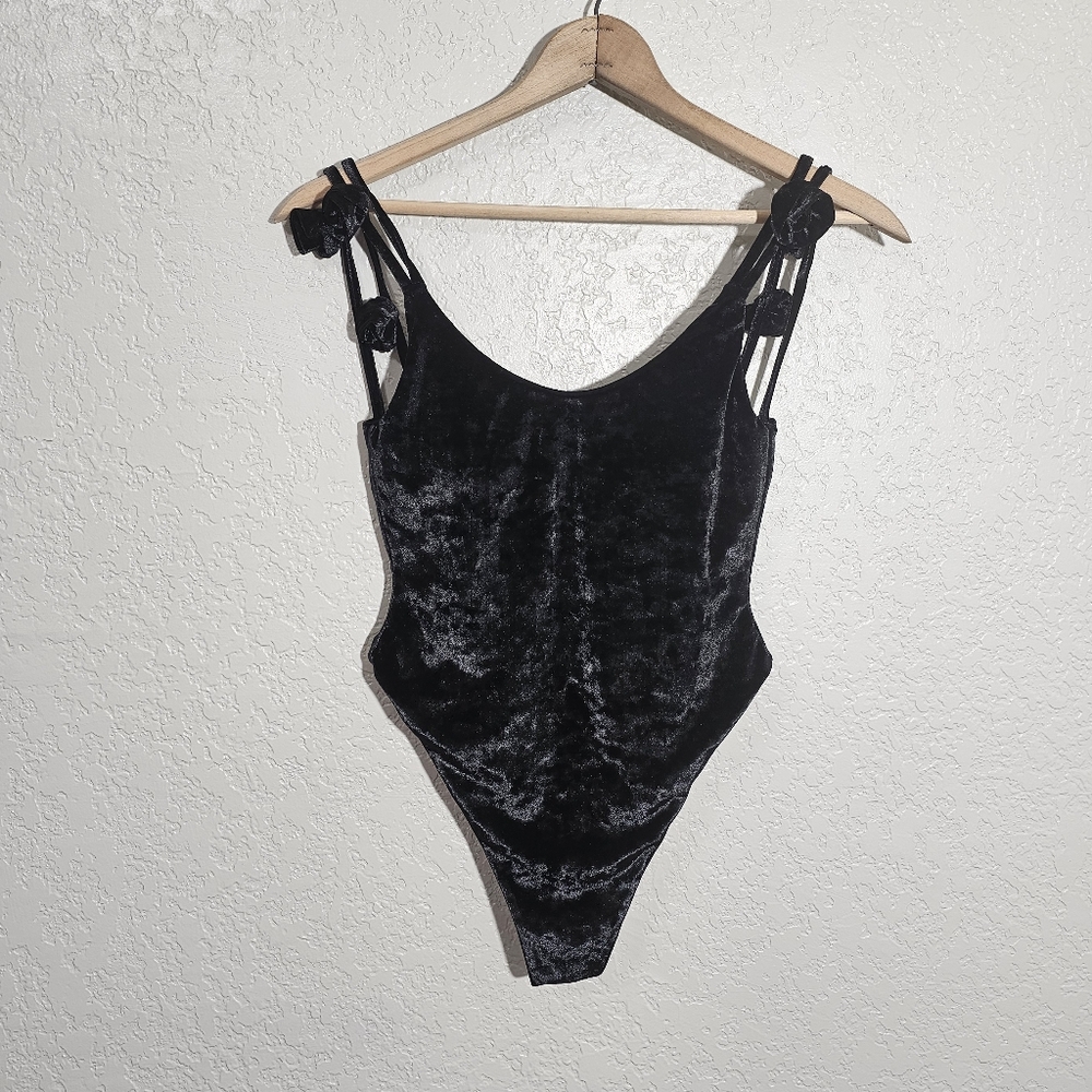 Revolve Something Navy Solid Black Velour Bodysuit - image 1